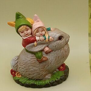 Ceramic Gray Rabbit w/Kids dressed as GNOME Riders Easter Spring Decor by GS
